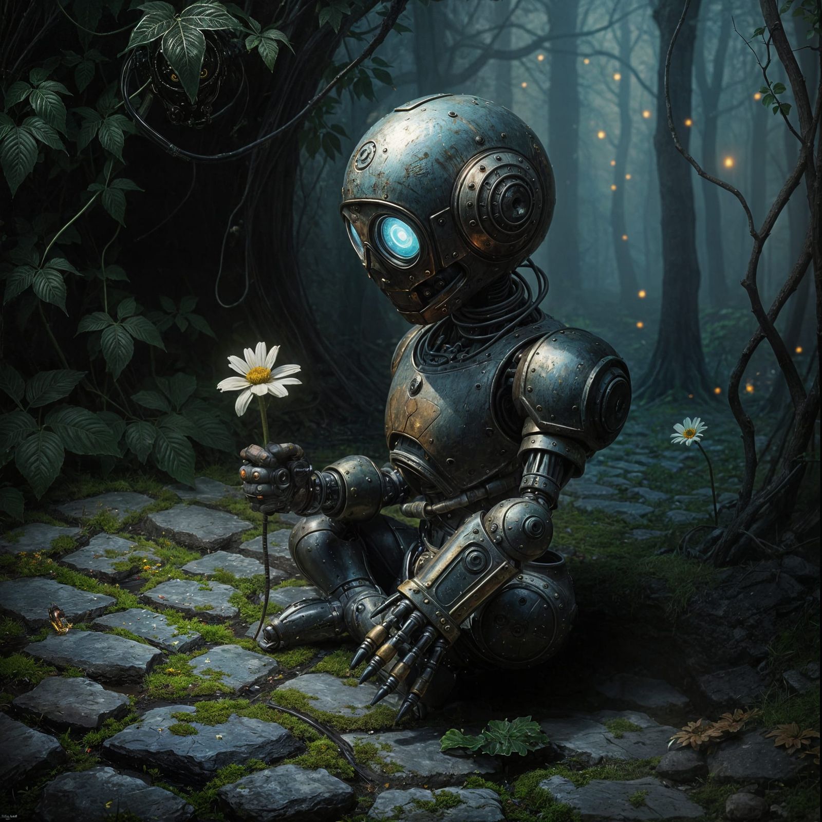 Damaged Robot with Daisy as Oil Painting
