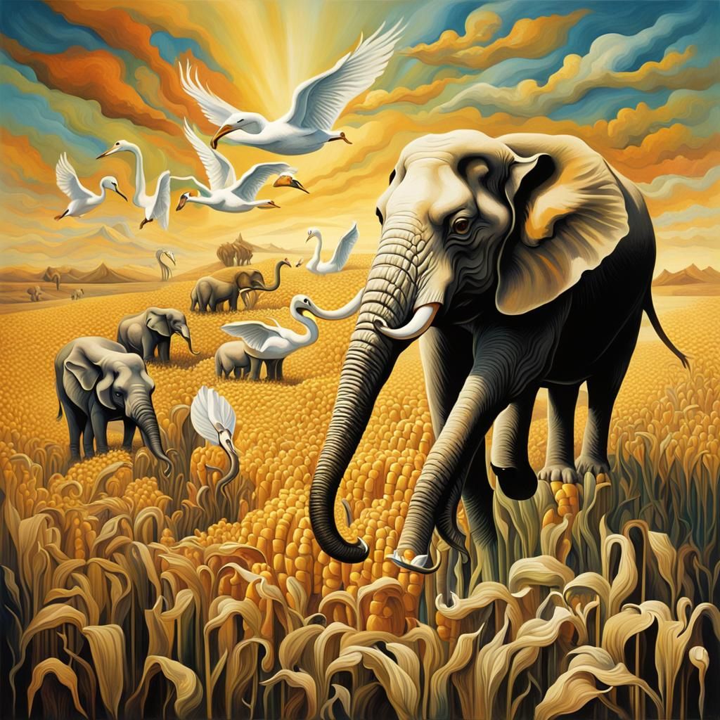 Surreal Elephants and Swans in Dying Cornfield