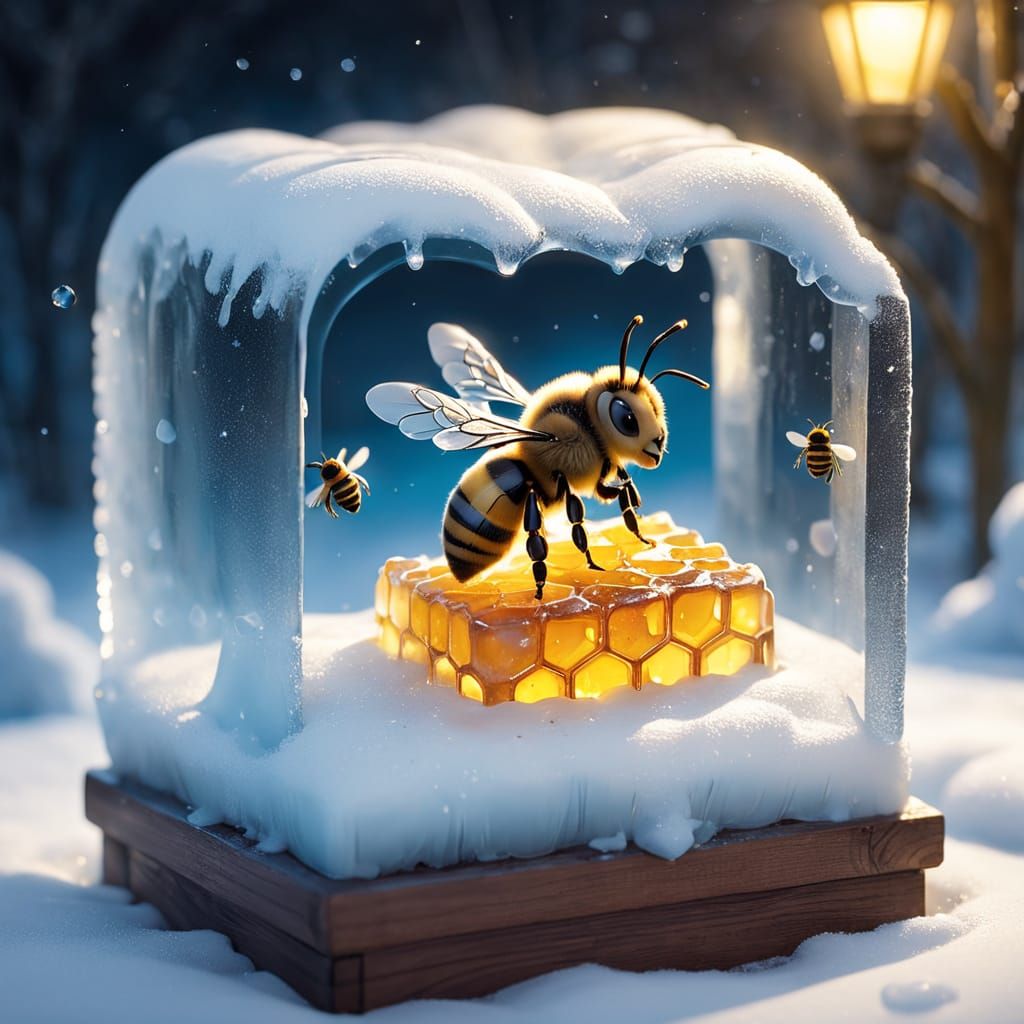 Heartwarming Scene of Tiny Bee Hive Inside Glowing Ice Cube