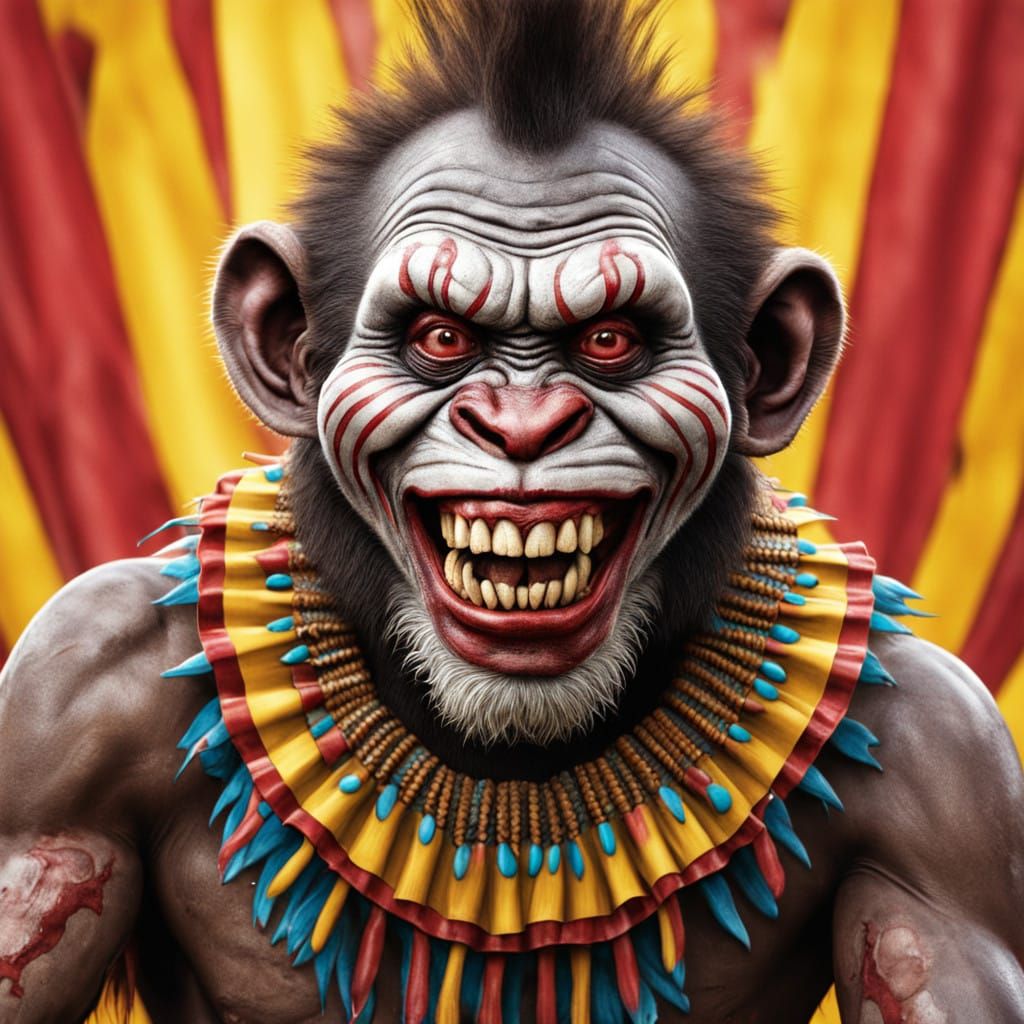 Surreal Clown Tribal Warrior Grins Maniacally in Post-Apocal...