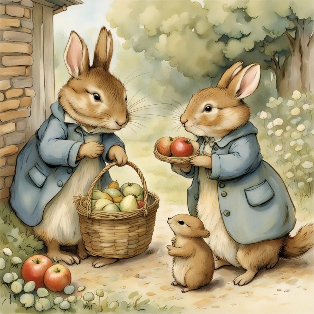 Endearing Characters Receiving Food: A Beatrix Potter Scene
