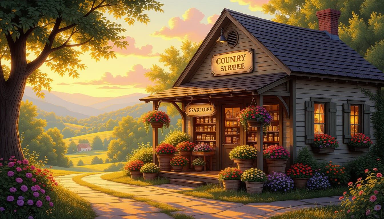 Whimsical Ancient Country Store at Sunset in Fantasy Art Sty...