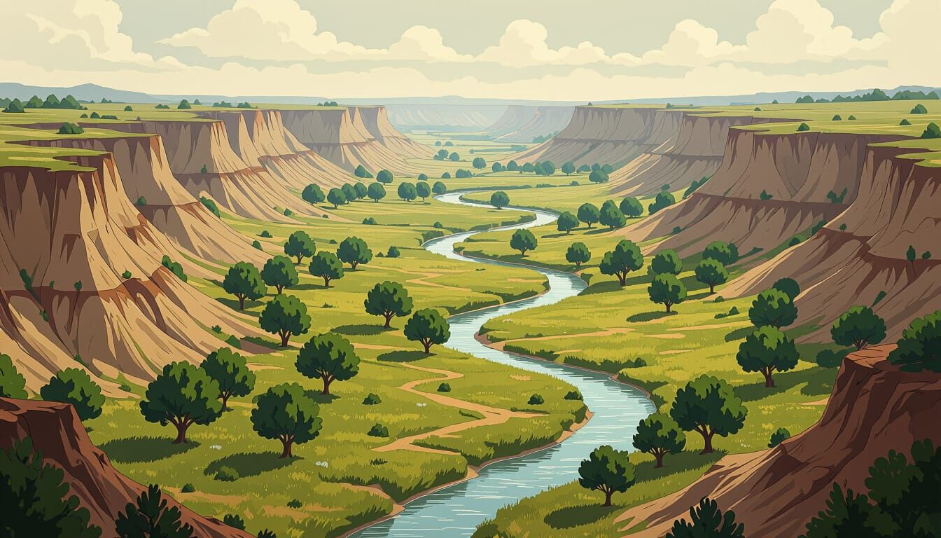 Serene Valley Cross-Section with Grassy River