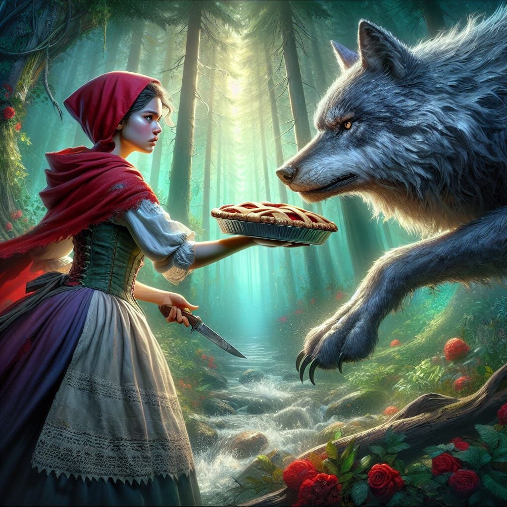Red Riding Hood Offers Pie in Hyperrealistic Splash Art