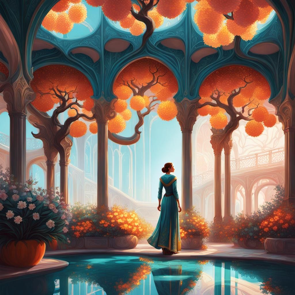 Ethereal Almond Tree Scene in Art Nouveau Style