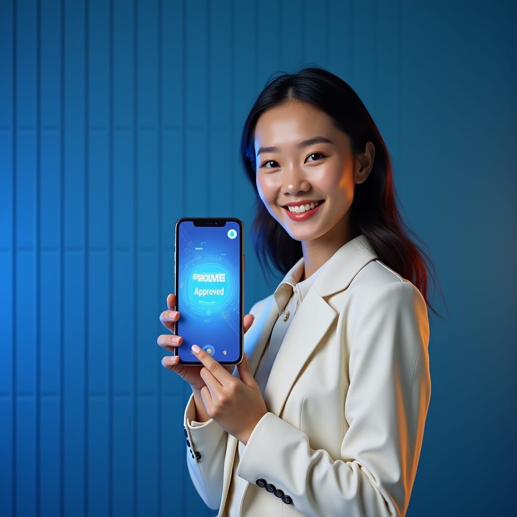 Confident Asian Businesswoman with Approved Loan Notificatio...