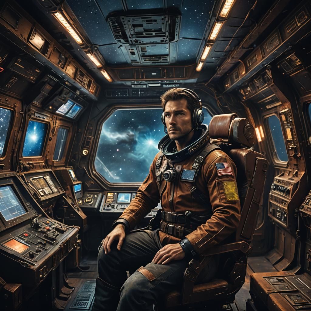 Weathered Captain on Grungy Space Hauler in Cinematic Style