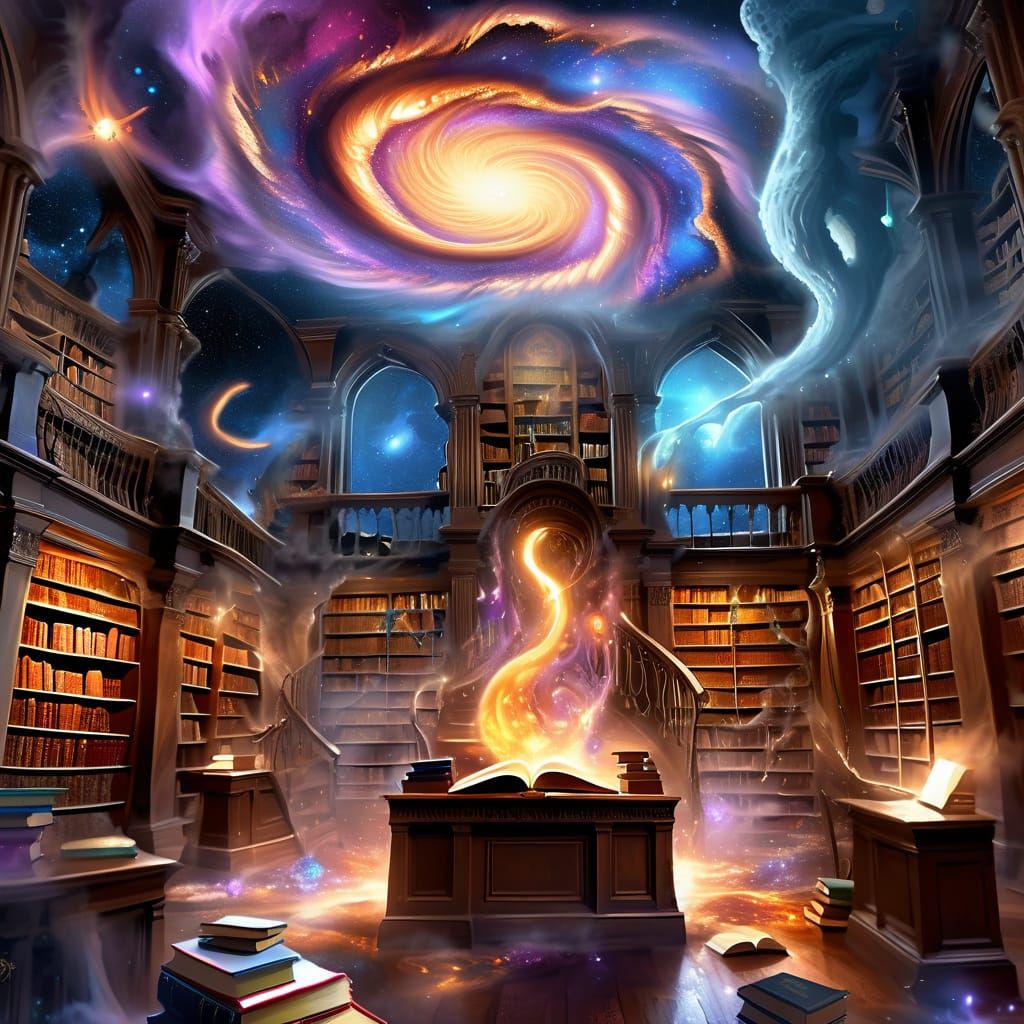 Haunted Library Melts into Cosmos: Digital Painting