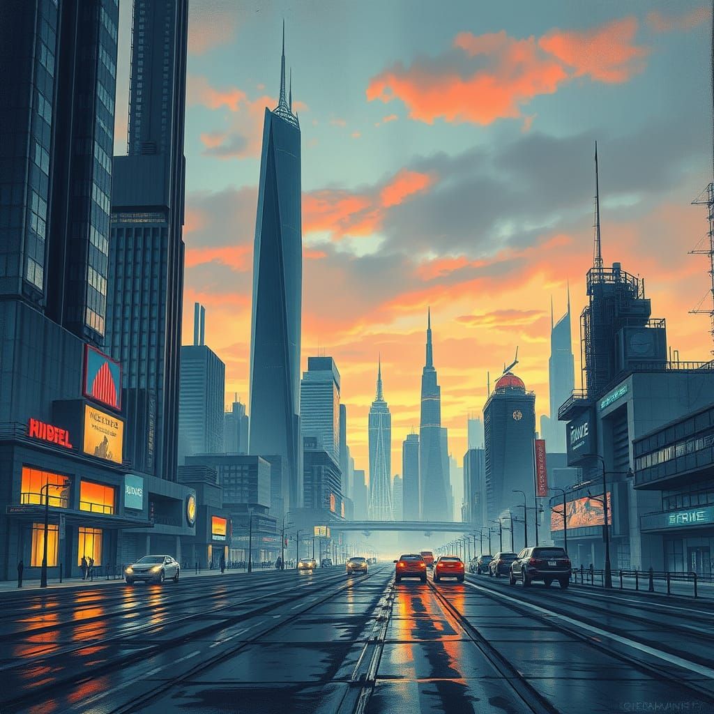 Sleek Futuristic Cityscape at Dusk, in Industrial Futurist S...