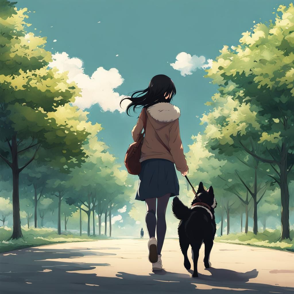 Woman with Husky in Park: Anime Style