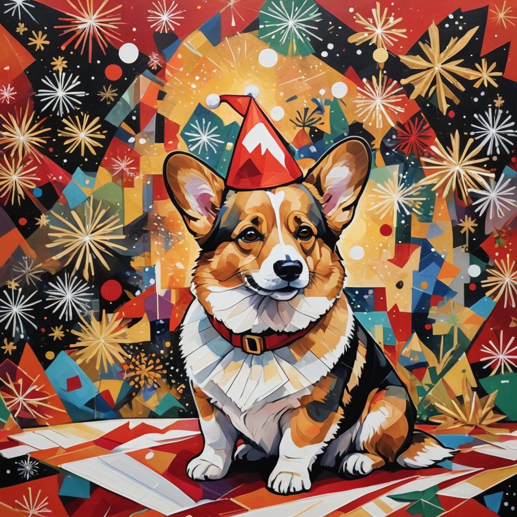 Festive Corgi in Santa Hat: Cubist Holiday Art