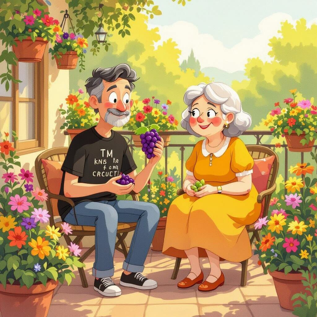 Cheerful Seniors on Cozy Balcony, Children's Book Illustrati...