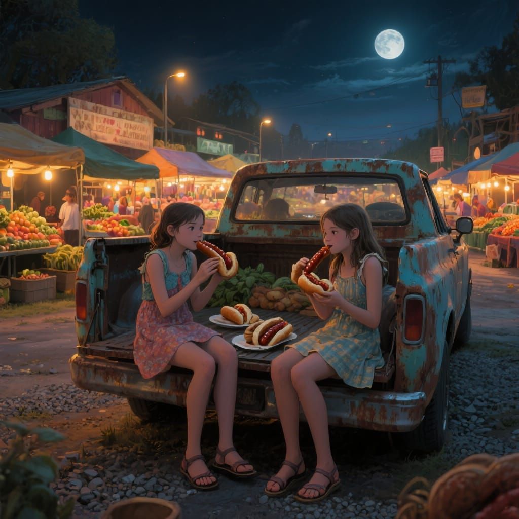 Girls Enjoying Bratwurst at Night Market as Matte Painting