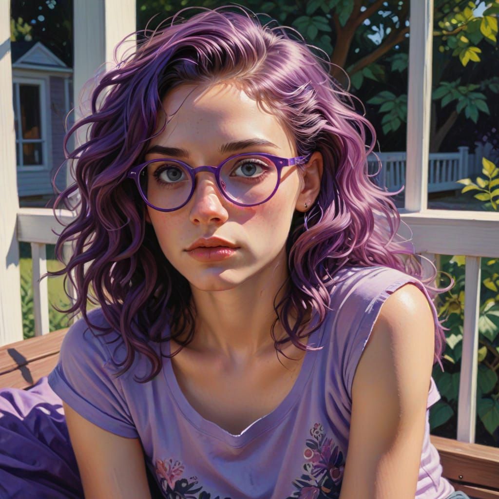 Realistic Gouache Portrait of Woman on Porch Swing