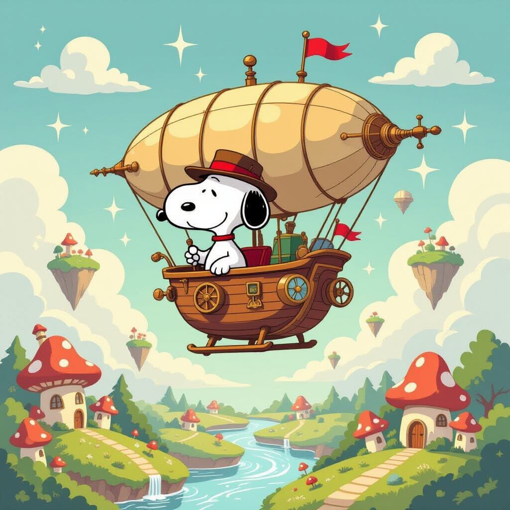 Snoopy Steampunk Airship Adventure Over Fantasy Islands