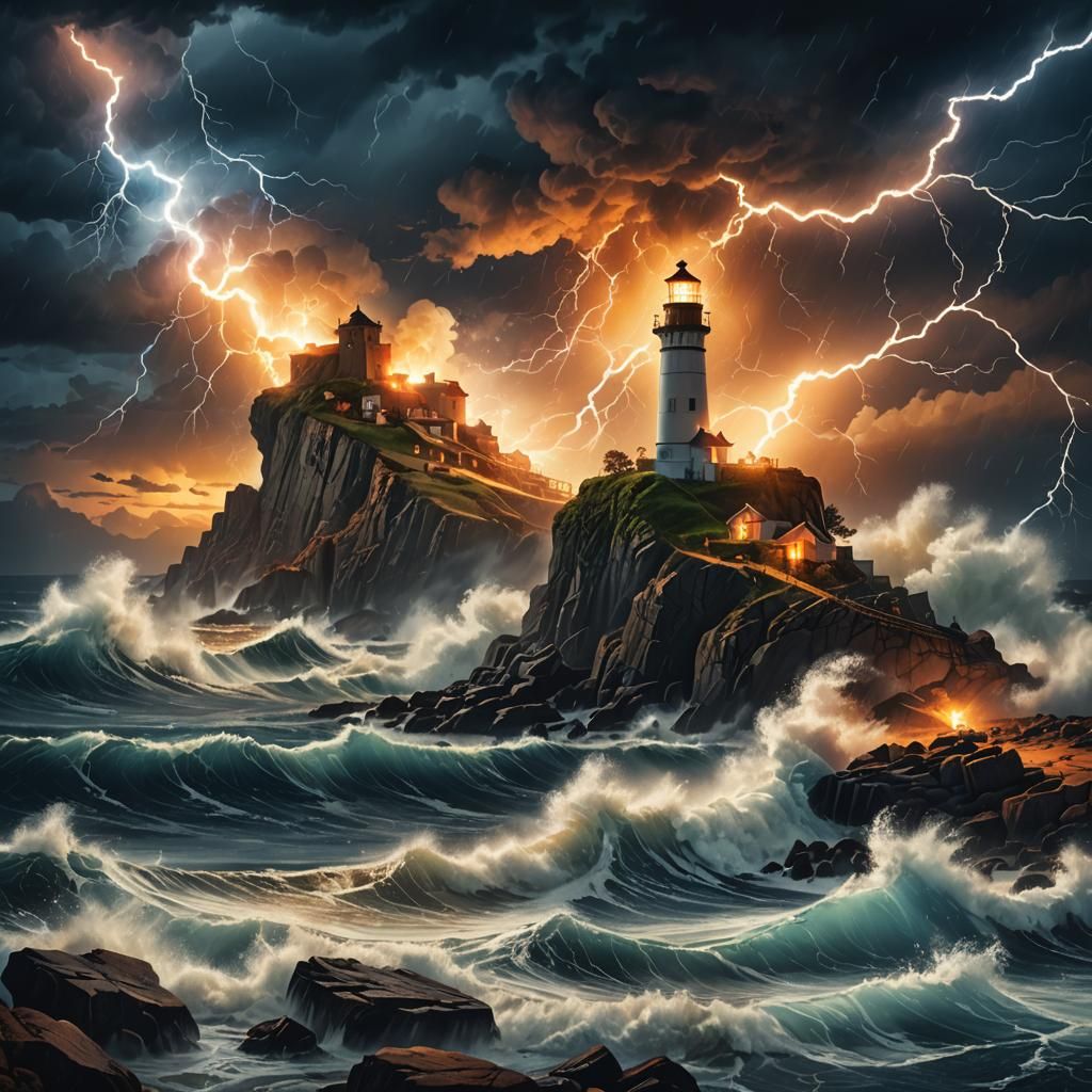 Stormy Night Seascape with Lighthouse, Fantasy Art