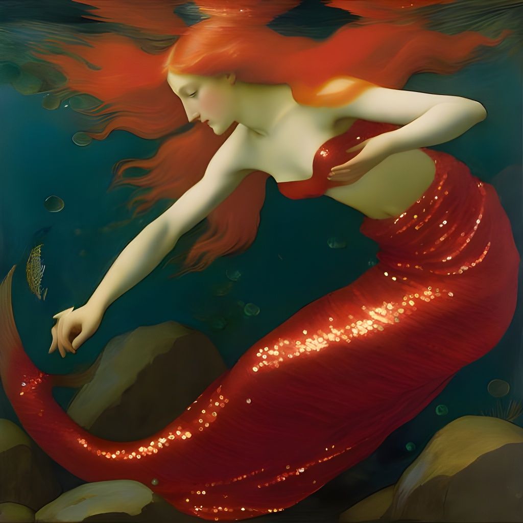 Mermaid in Red Sequins: A Pre-Raphaelite Vision