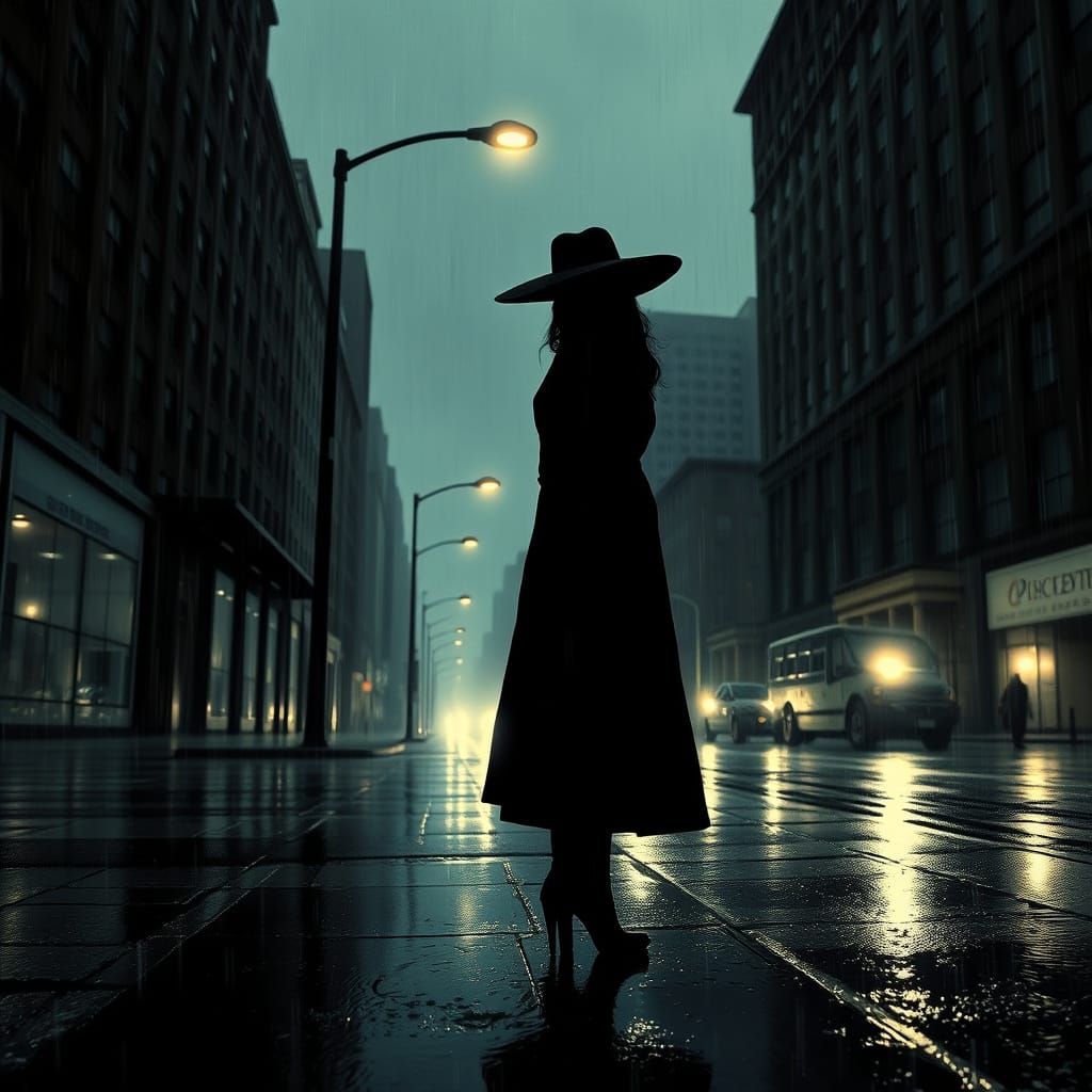 Rainy City Street in Stark Film Noir Style