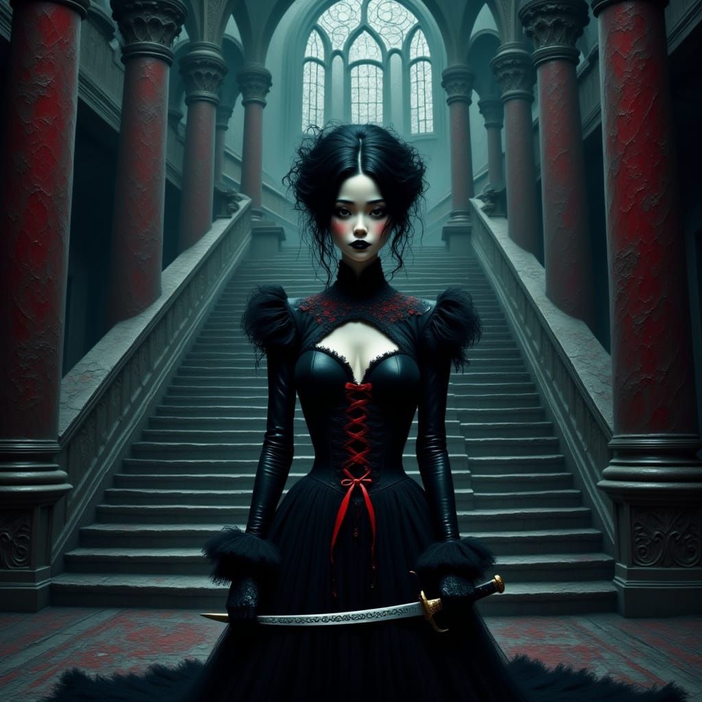 Gothic Asian Woman Ascends Temple Staircase