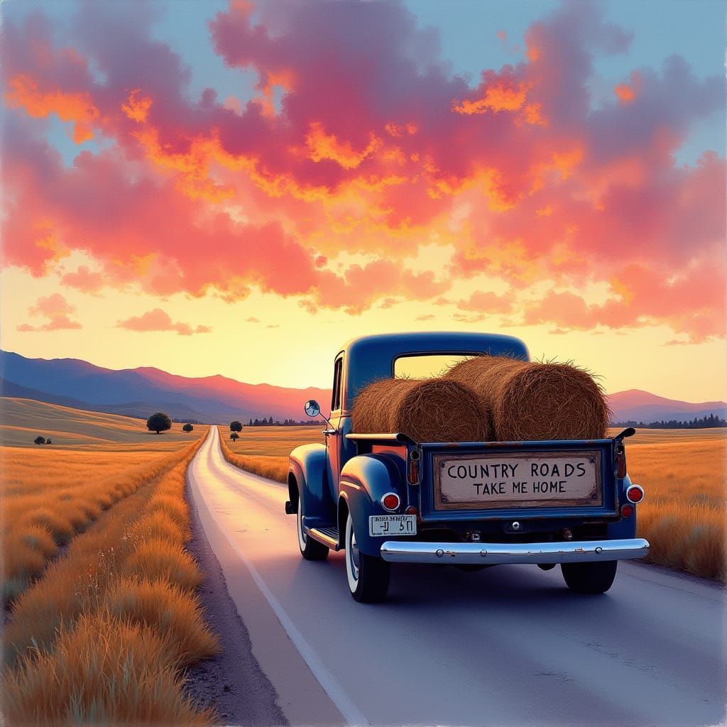 Vintage Truck on Country Road, Watercolor Style