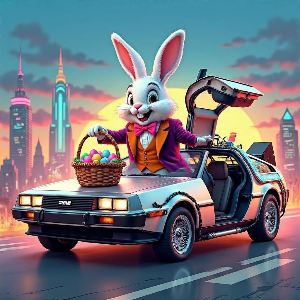 Easter Bunny Emerges from Time Machine in Neon Cityscape