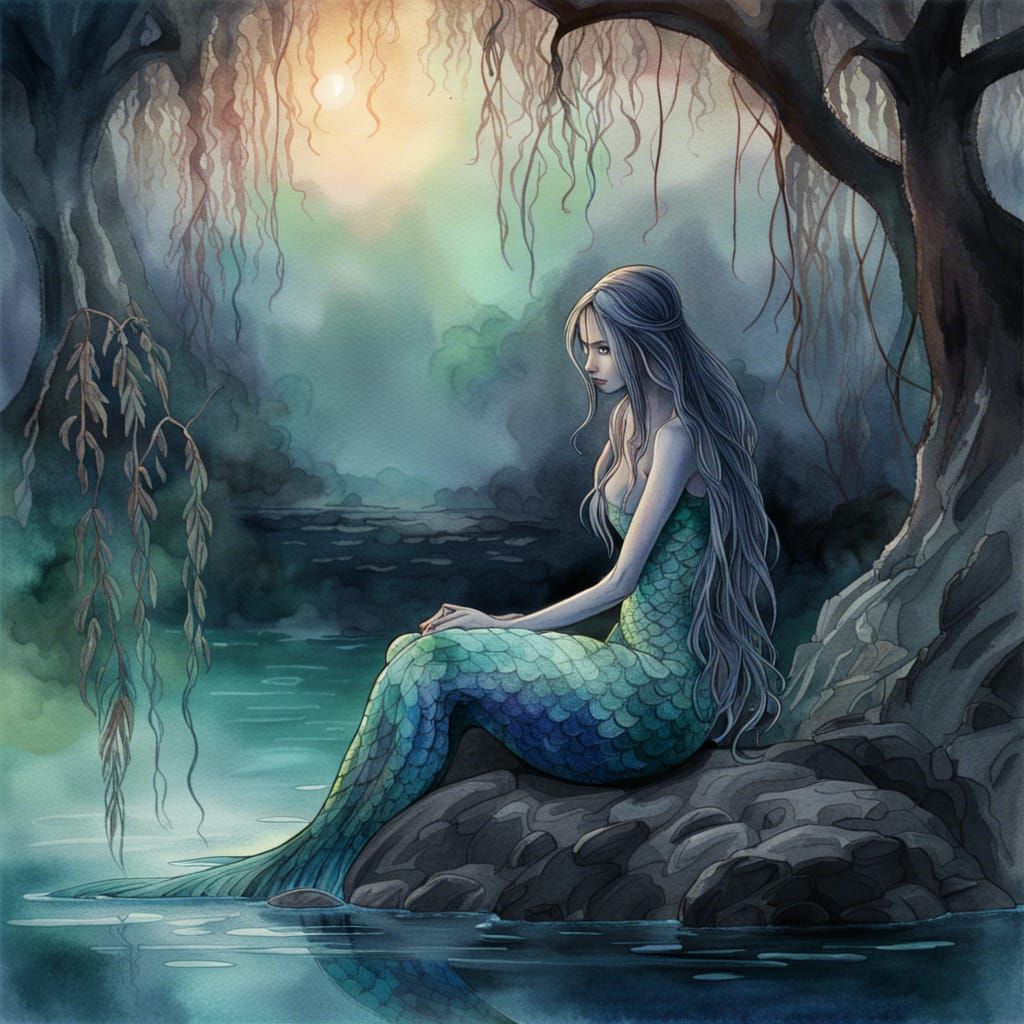 Ethereal Ghost Mermaid in Twilight Watercolor
