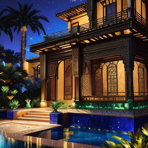Art Nouveau Moroccan Villa at Night