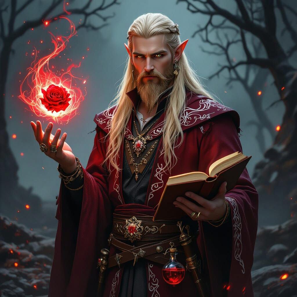 Elven Mage Levitates Glowing Rose in Eerie Landscape