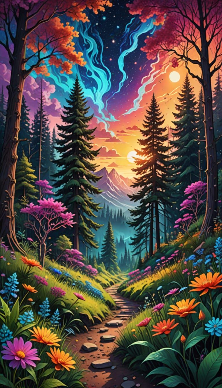Vibrant Forest Sunset with Cosmic Flowers