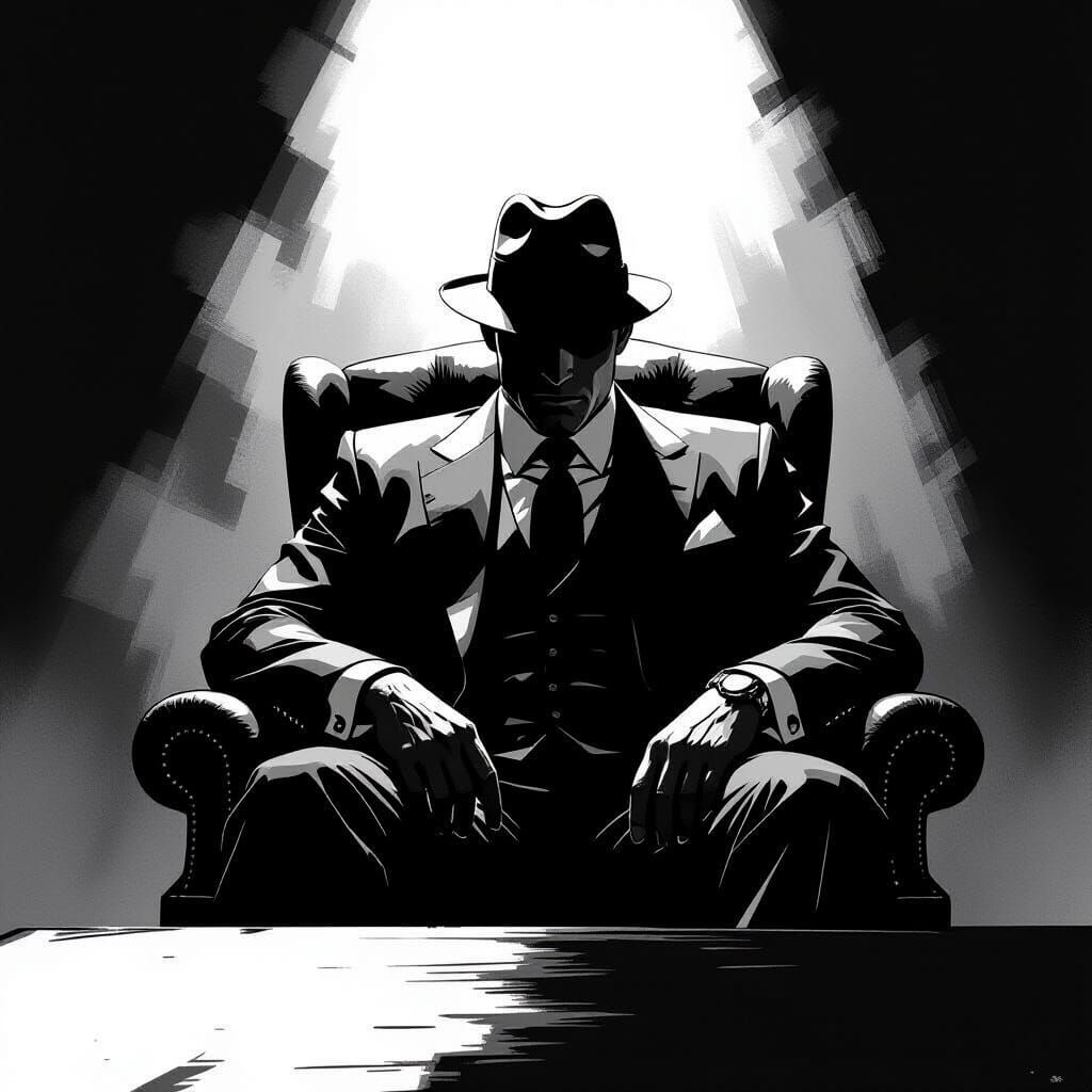 Noir Mafia Boss in Shadows, Frank Miller Style