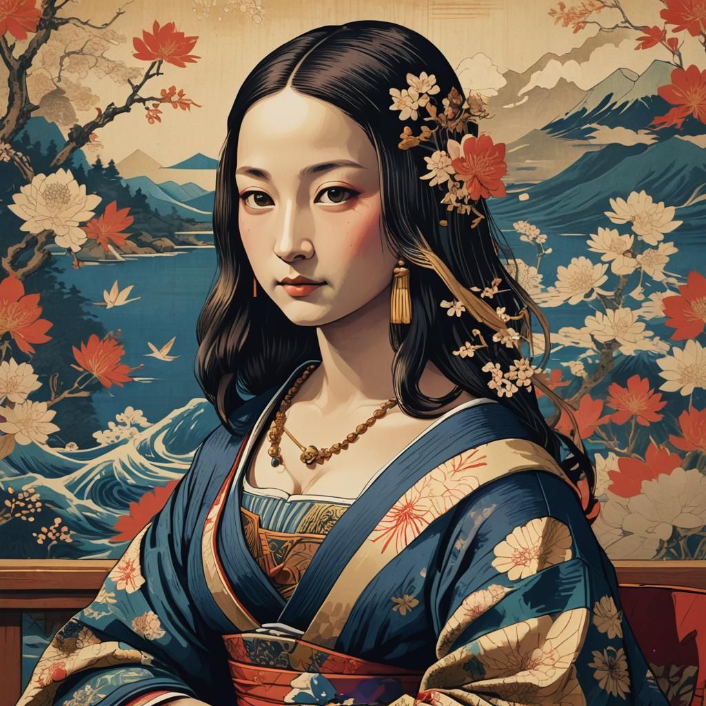 Mona Lisa in Ukiyo-e Style Woodblock Print