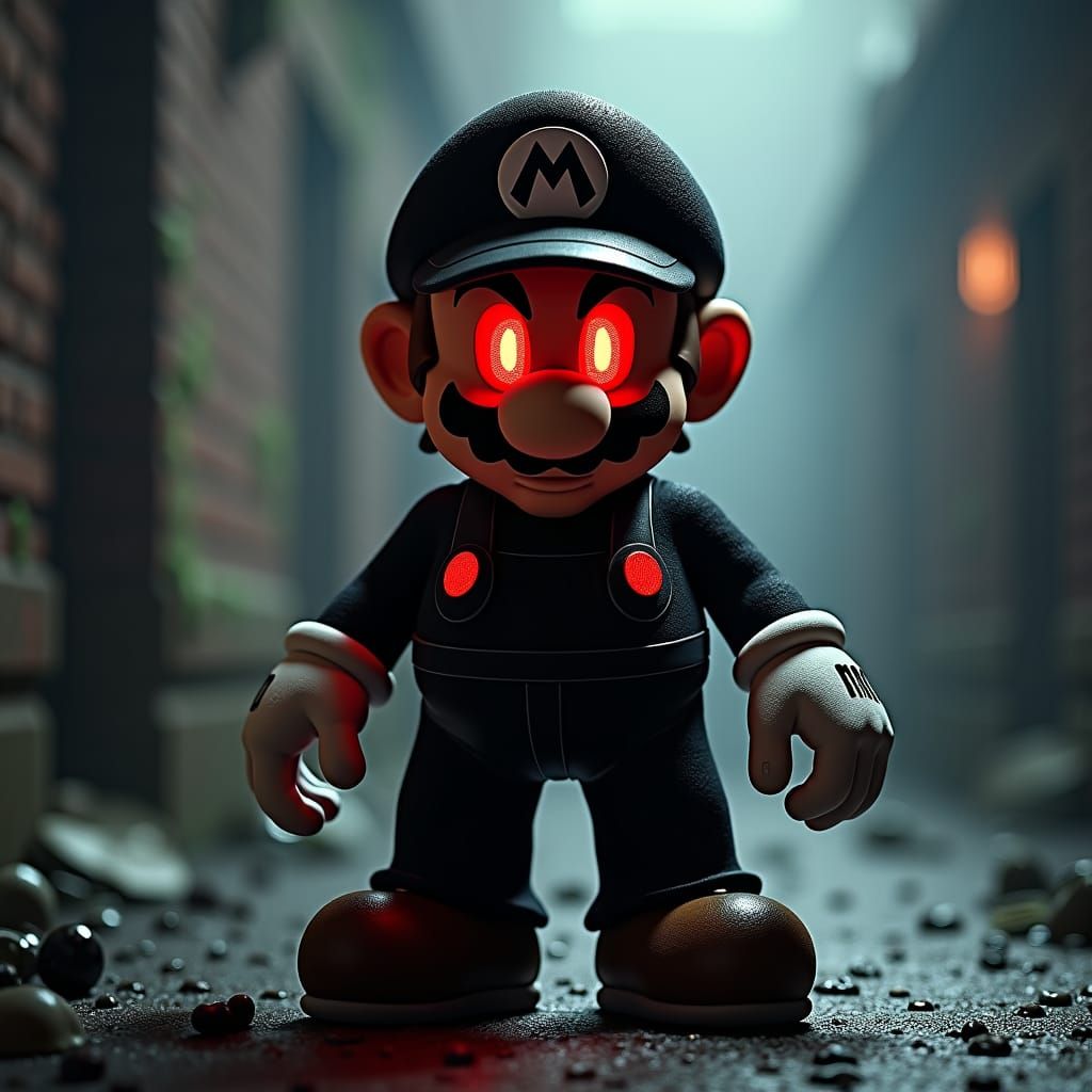 Dark and evil mario bros he is wearing all black with red eyes.