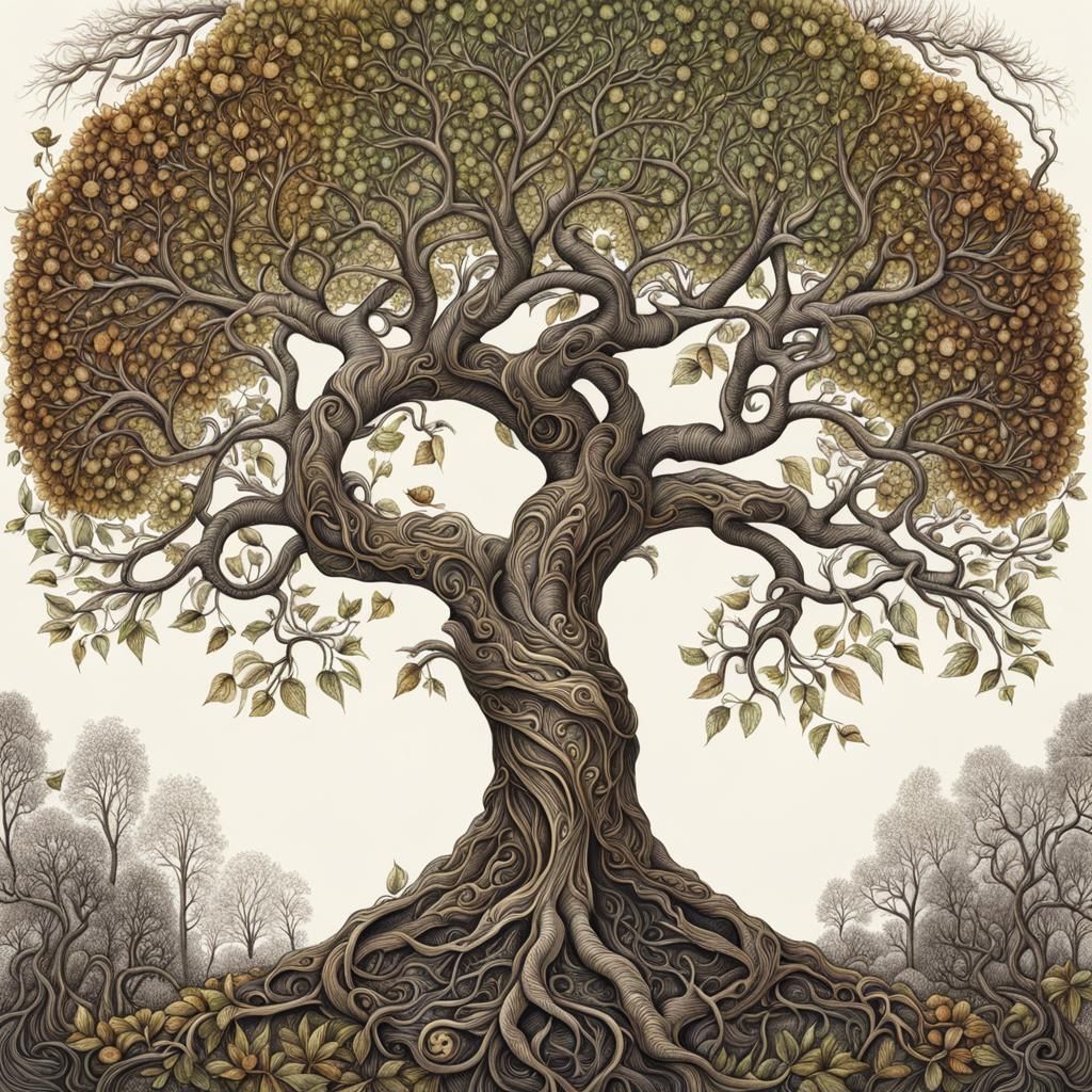 Majestic Yggdrasil Tree of Life: Botanical Ink Drawing