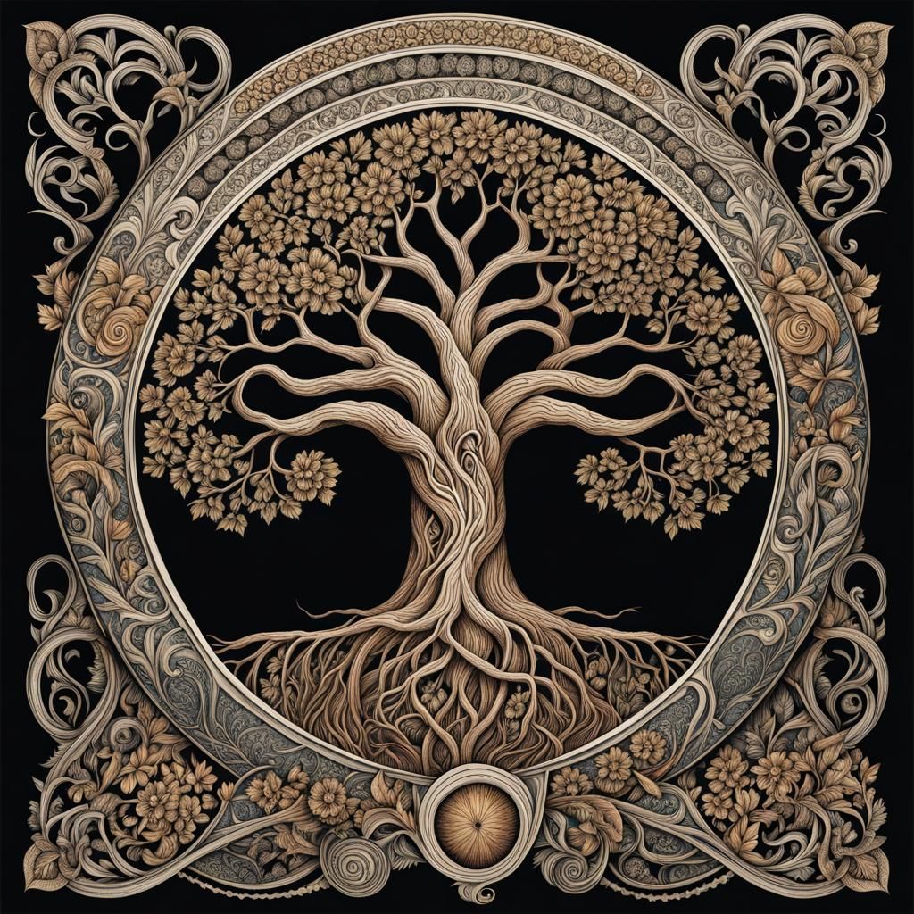 Intricate Botanical Ink Drawing of Yggdrasil Tree