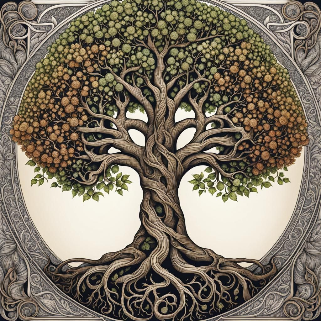 Majestic Yggdrasil Tree of Life Ink Drawing