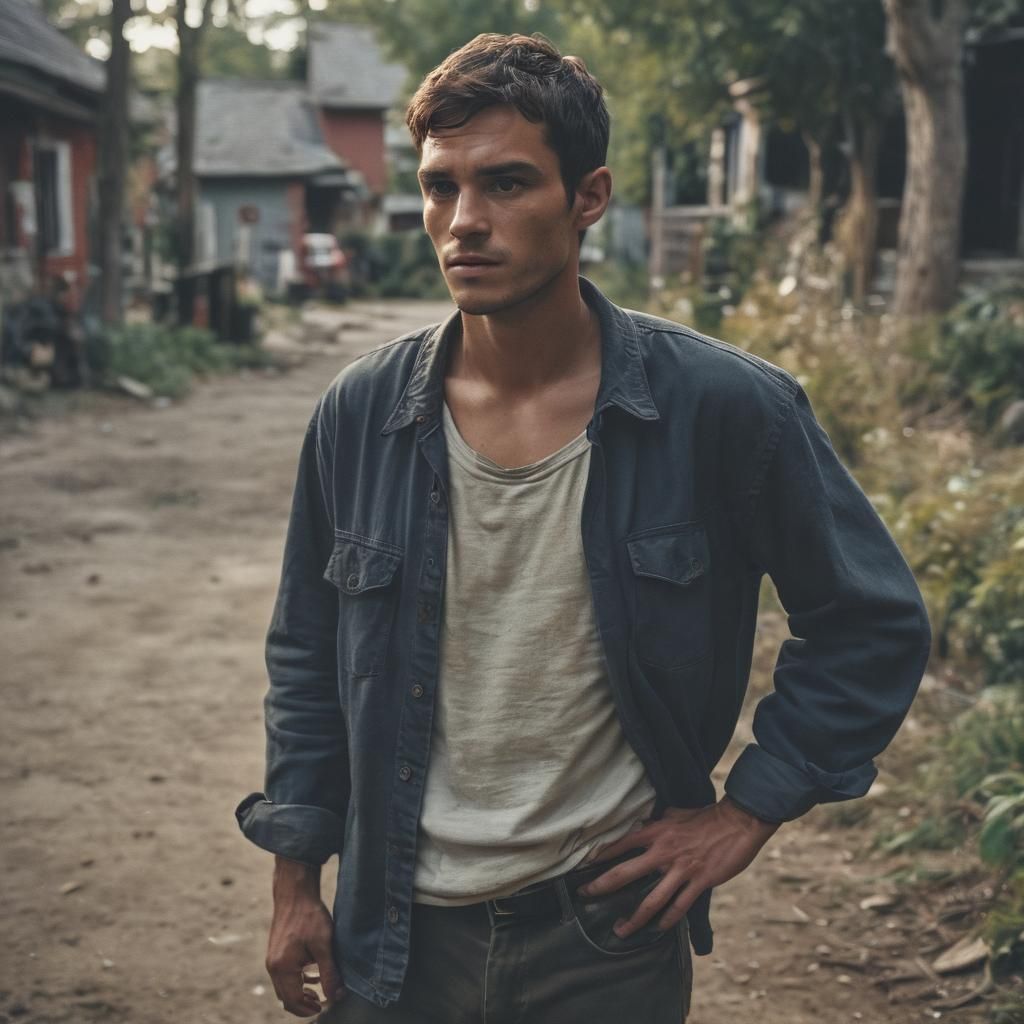 Cinematic Village Scene with Younger Man