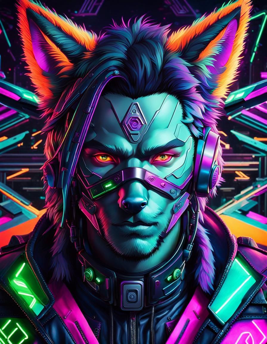 Neon Cyberpunk Wolf with Geometric Crystal Details
