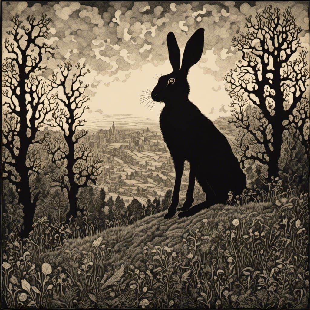 Hare Silhouette on Hill with Psychedelic Diorama Effect