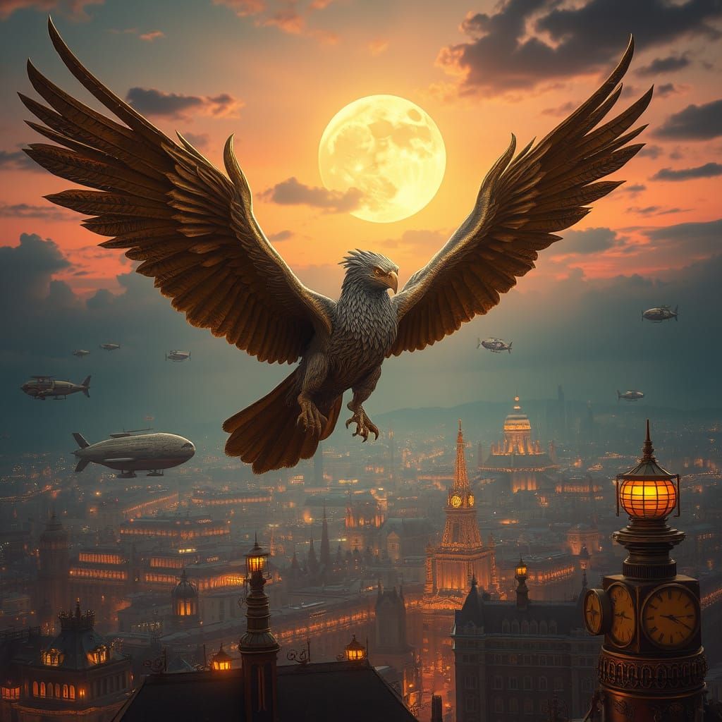 Steampunk Griffin Soaring Through Twilight Sky