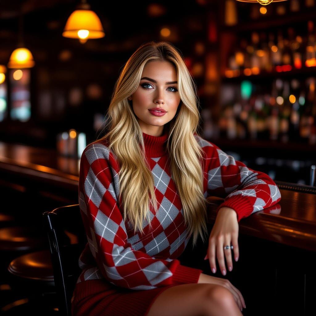 Blond Woman in Argyle Dress at Dimly Lit Bar