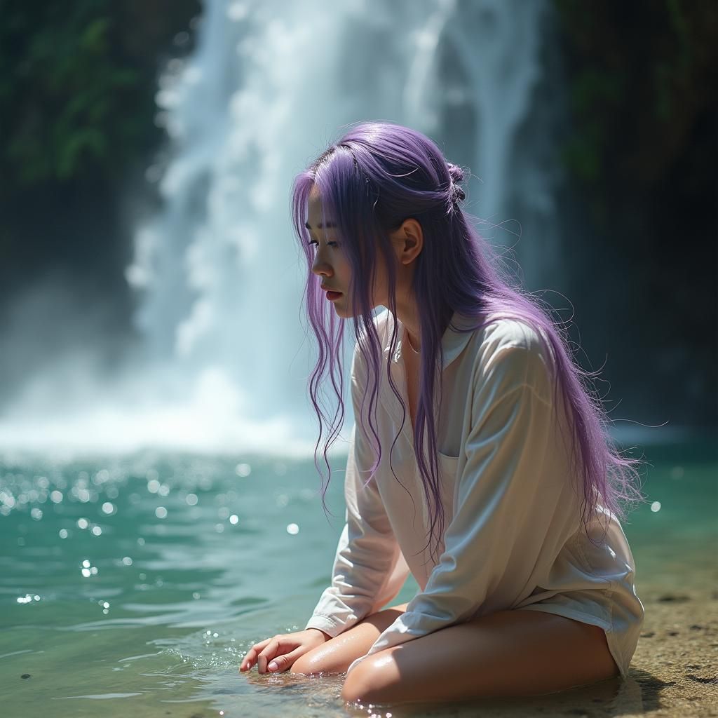 Girl with Purple Hair at Waterfall, Fashion Photography
