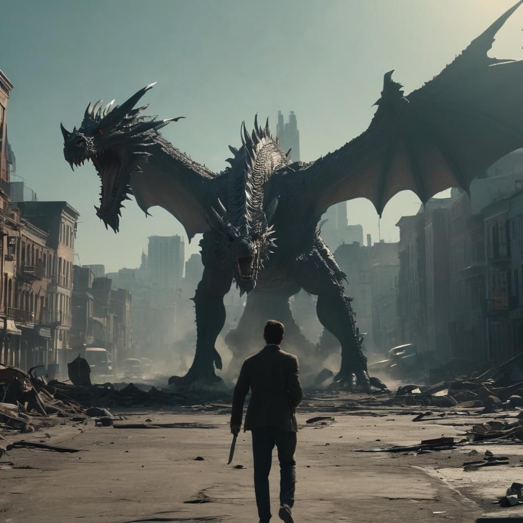 Dragon Slayer in a Ravaged City: Cinematic Film Still