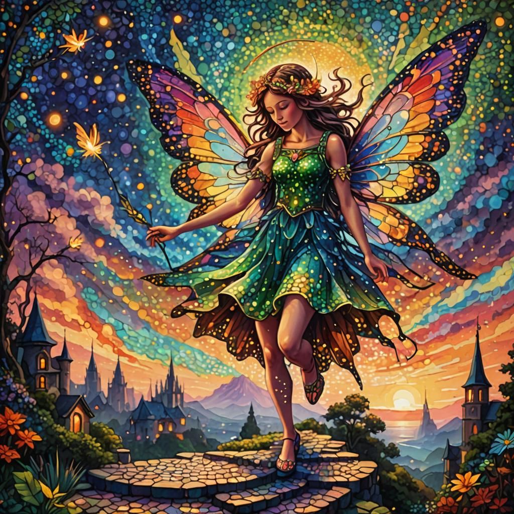 Giant Winged Fairy in Pointillist Dreamscape
