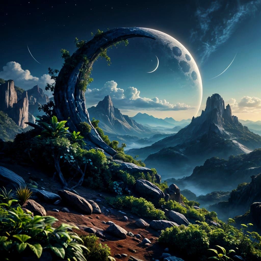 Inhabited Moon on Mountain Peak in Matte Painting Style