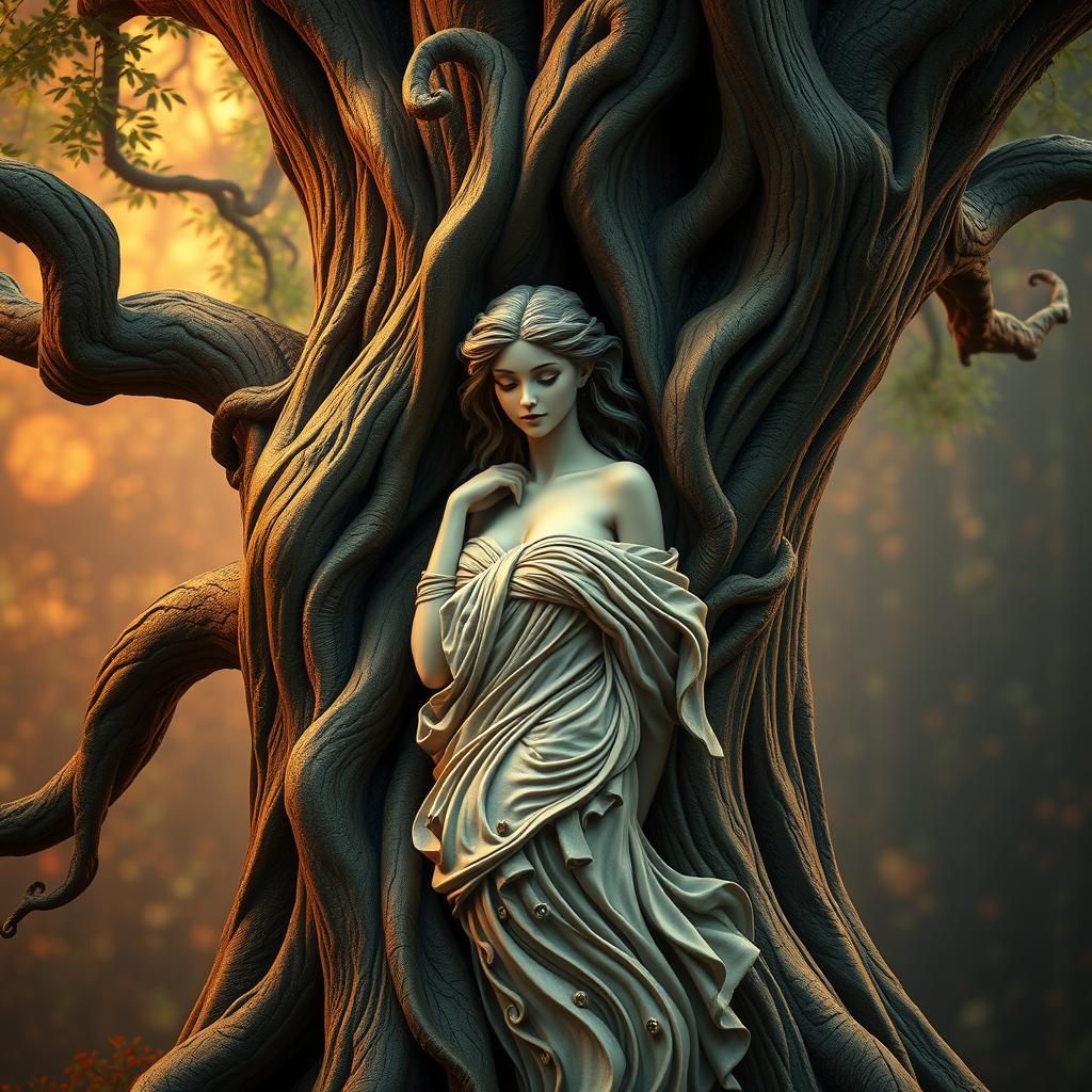 Carved Woman Erupting from Ancient Tree