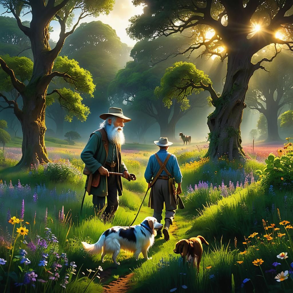 Old Man Farming with Dog in Lush Field