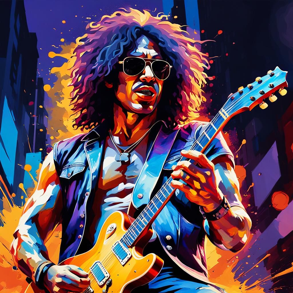 Abstract Portrait of Guitarist in Cityscape