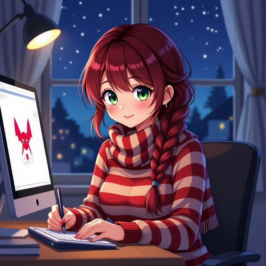 Anime Woman Drawing with Graphic Tablet, Studio Trigger Styl...