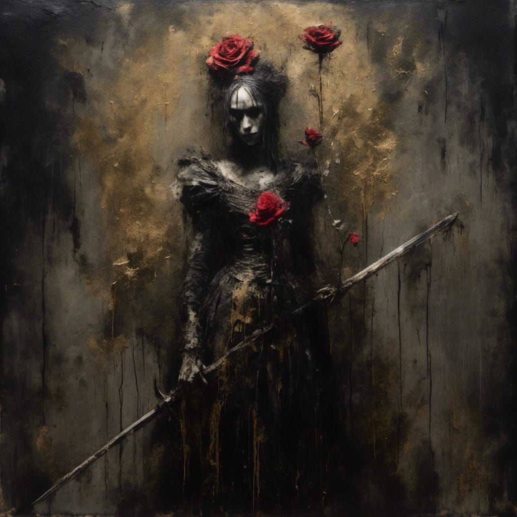 Queen of Swords in a Void as Grunge Oil Painting