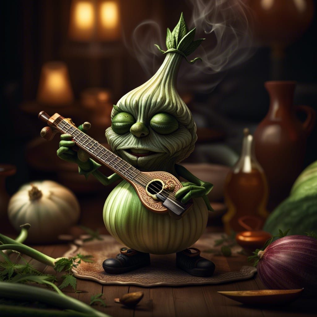 Onion Bard Smoking a Pipe and Playing Lute